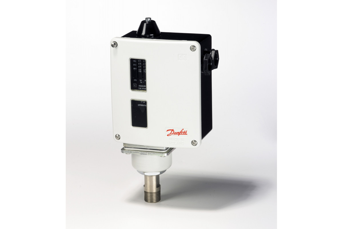 Danfoss 017-518166 — Реле давления RT для тяжелых условий эксплуатации, диапазон настройки уставки 5-25 бар, дифференциал 1,2 бар, присоединение G 1/2