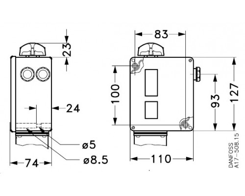 Danfoss 017-520466 — Реле давления RT для тяжелых условий эксплуатации, диапазон настройки уставки 1-10 бар, дифференциал 0,33 бар, присоединение G 3/8