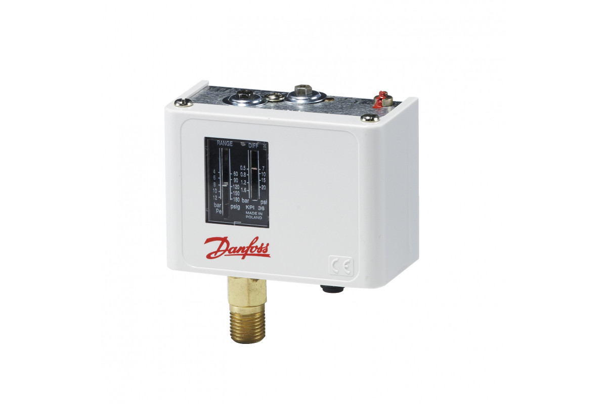 Danfoss 060-121766 — Реле давления для общепромышленного применения KPI 35, диапазон настройки уставки -2-8 бар, дифференциал 0,4-1,5 бар, присоединение G 1/4