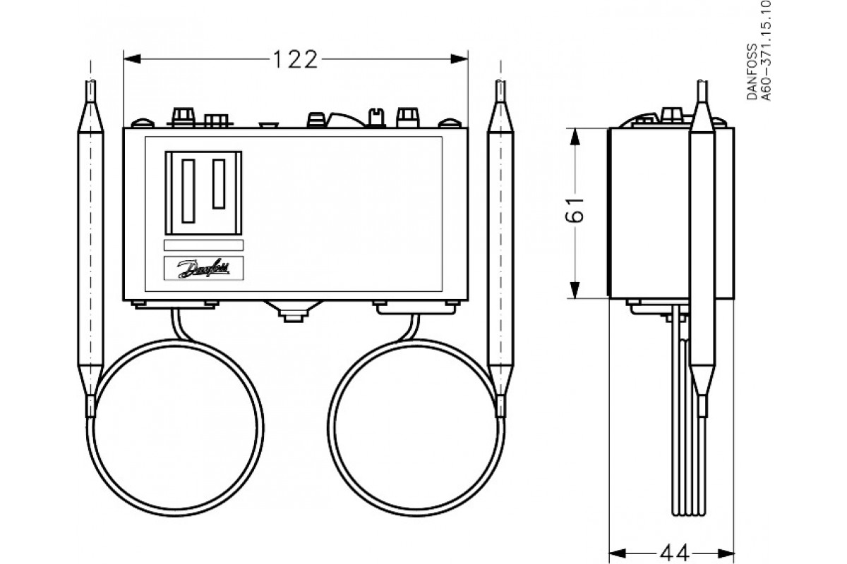 Danfoss 060L113166 — Реле температуры (термостат) KP 98, IP 30/44, диапазон регулирования OIL 60...120 °C / HT 100...180 °C, длина трубки 1 / 2 м