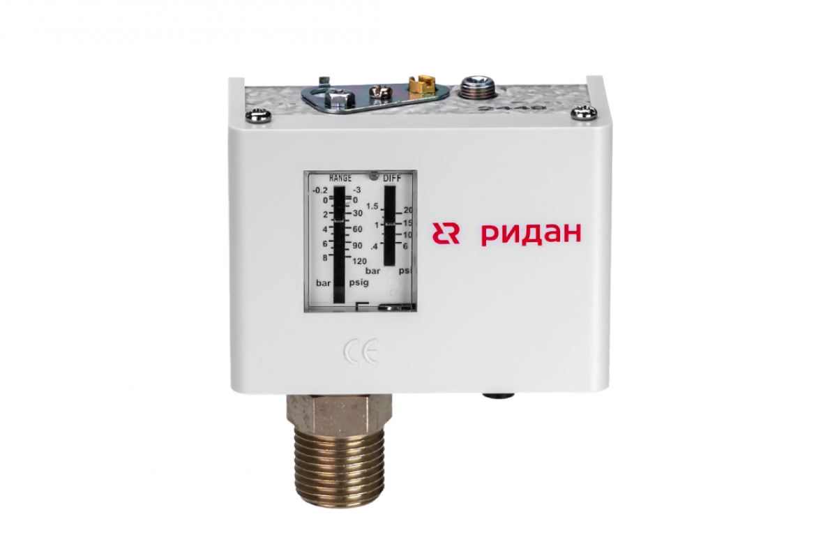Ридан 070-132566R — Реле давления KPI 35R (промышленная упаковка 40 шт.), диапазон настройки -0,2...8 бар, дифференциал 0,4…1,5 бар, штуцер G1/2