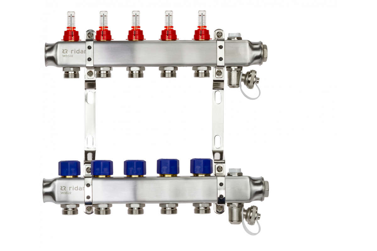 Ридан 088U0955R — Комплект коллекторов SSM-5RF set с расходомерами, кронштейнами, ручным воздухоотводчиком, сливным краном и торцевой заглушкой, 5 контуров