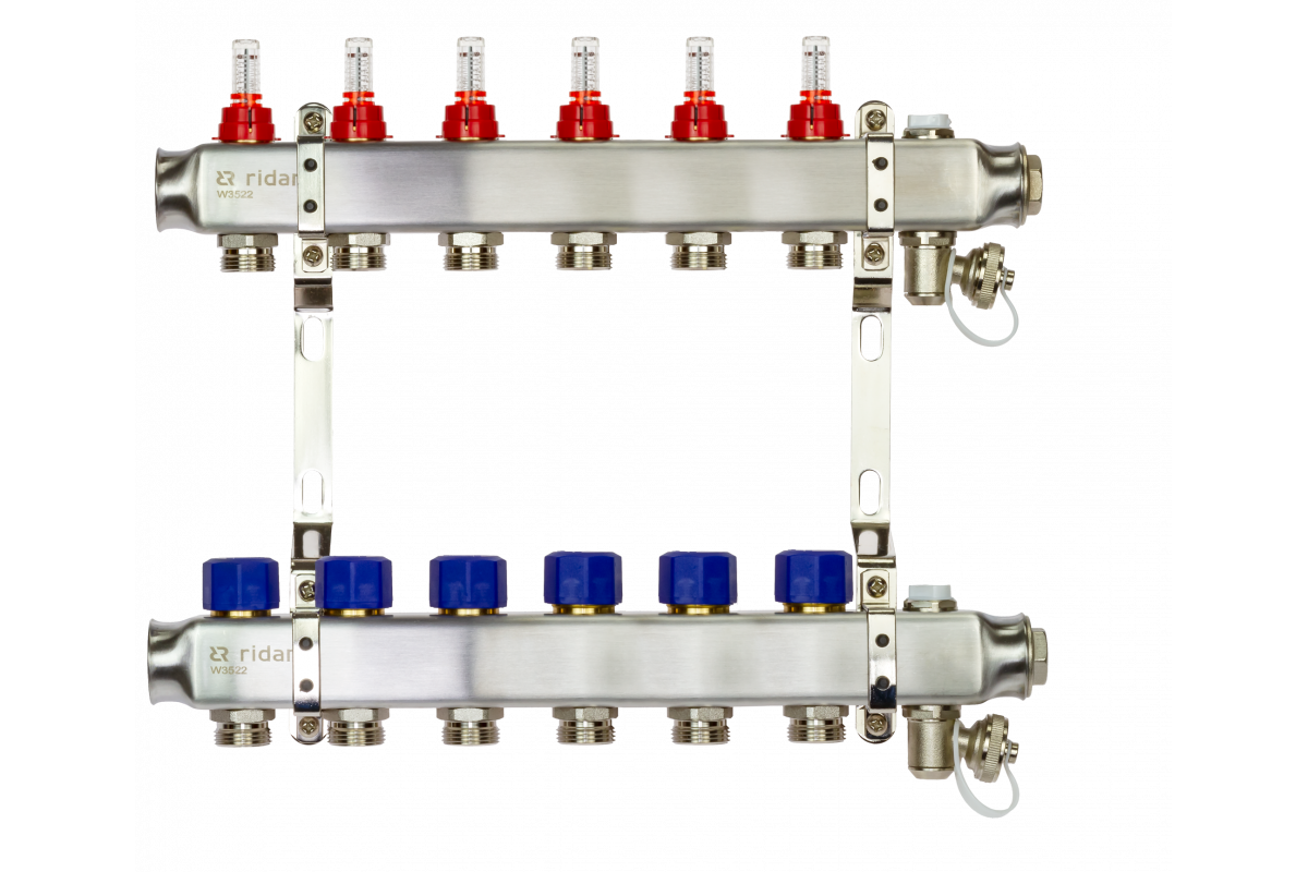 Ридан 088U0956R — Комплект коллекторов SSM-6RF set с расходомерами, кронштейнами, ручным воздухоотводчиком, сливным краном и торцевой заглушкой, 6 контуров