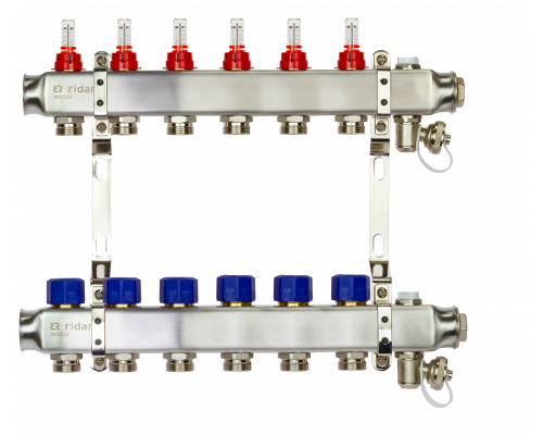 Ридан 088U0956R — Комплект коллекторов SSM-6RF set с расходомерами, кронштейнами, ручным воздухоотводчиком, сливным краном и торцевой заглушкой, 6 контуров