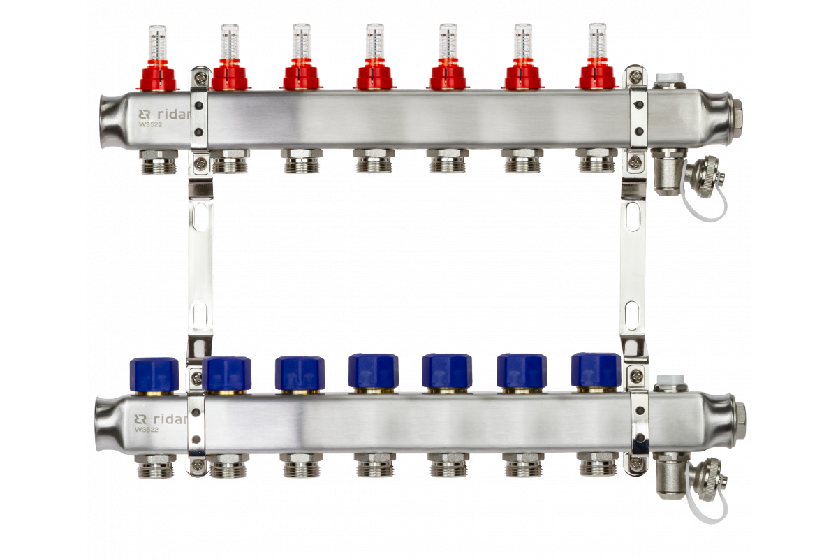 Ридан 088U0957R — Комплект коллекторов SSM-7RF set с расходомерами, кронштейнами, ручным воздухоотводчиком, сливным краном и торцевой заглушкой, 7 контуров