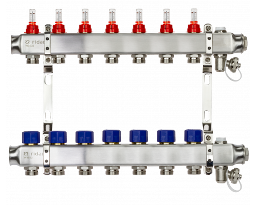 Ридан 088U0957R — Комплект коллекторов SSM-7RF set с расходомерами, кронштейнами, ручным воздухоотводчиком, сливным краном и торцевой заглушкой, 7 контуров