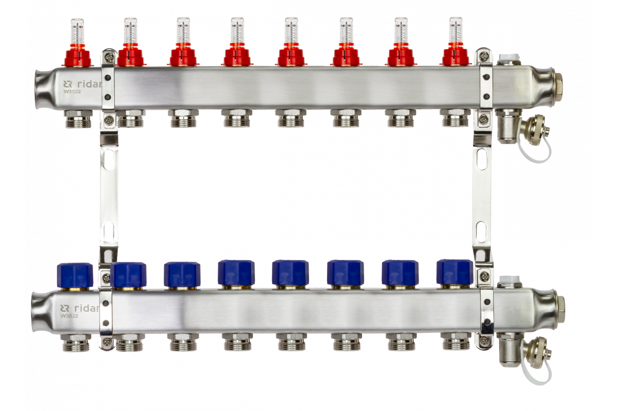 Ридан 088U0958R — Комплект коллекторов SSM-8RF set с расходомерами, кронштейнами, ручным воздухоотводчиком, сливным краном и торцевой заглушкой, 8 контуров
