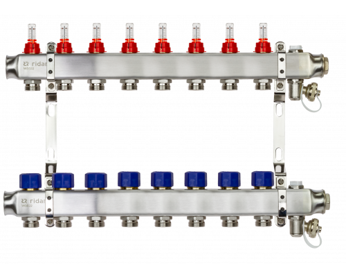 Ридан 088U0958R — Комплект коллекторов SSM-8RF set с расходомерами, кронштейнами, ручным воздухоотводчиком, сливным краном и торцевой заглушкой, 8 контуров