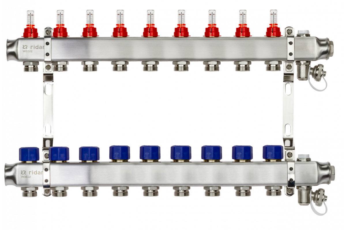 Ридан 088U0959R — Комплект коллекторов SSM-9RF set с расходомерами, кронштейнами, ручным воздухоотводчиком, сливным краном и торцевой заглушкой, 9 контуров