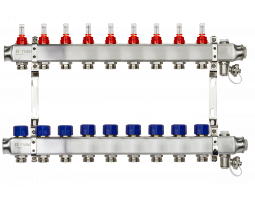 Ридан 088U0959R — Комплект коллекторов SSM-9RF set с расходомерами, кронштейнами, ручным воздухоотводчиком, сливным краном и торцевой заглушкой, 9 контуров