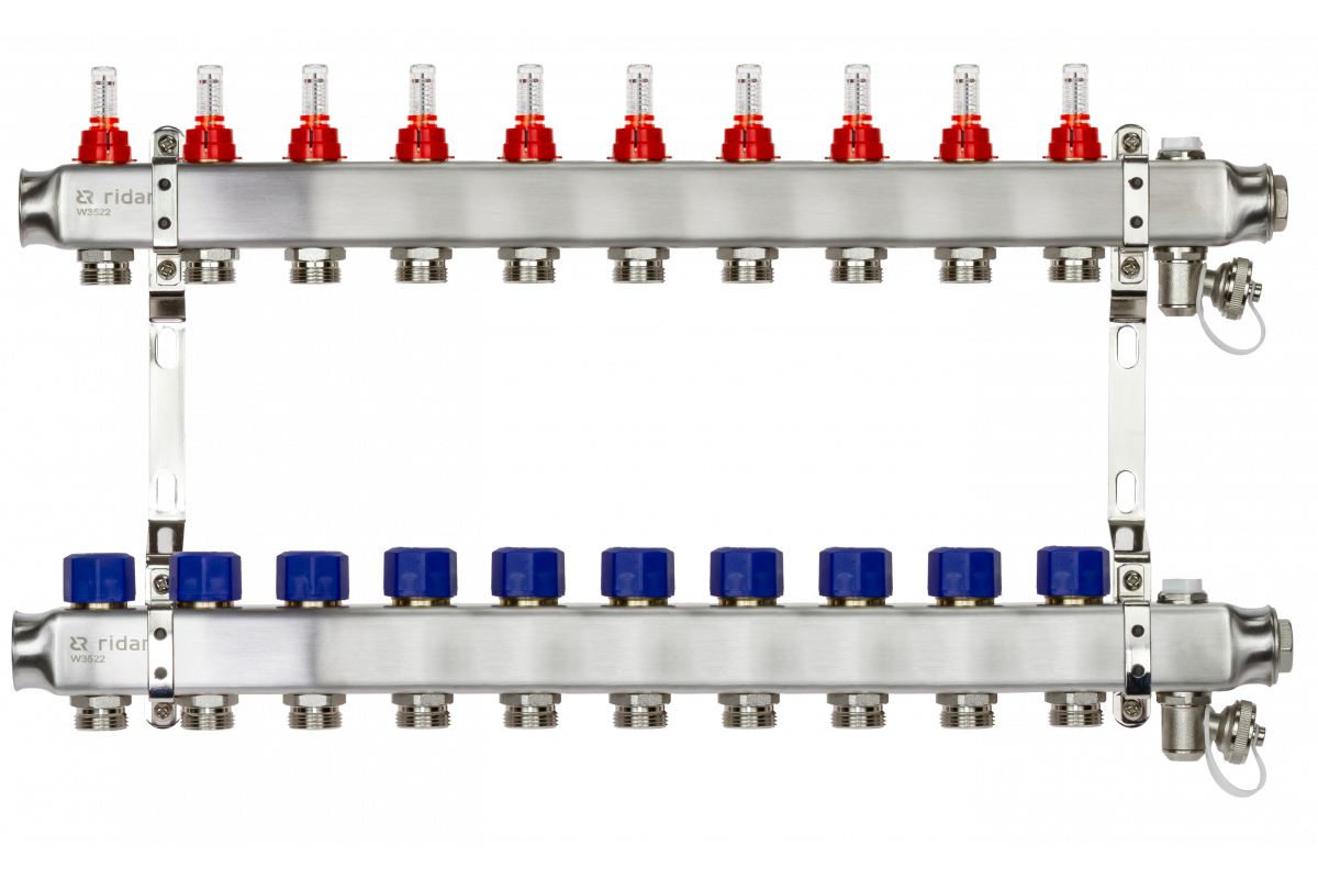 Ридан 088U0960R — Комплект коллекторов SSM-10RF set с расходомерами, кронштейнами, ручным воздухоотводчиком, сливным краном и торцевой заглушкой, 10 контуров