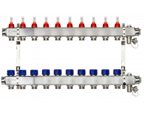 Ридан 088U0960R — Комплект коллекторов SSM-10RF set с расходомерами, кронштейнами, ручным воздухоотводчиком, сливным краном и торцевой заглушкой, 10 контуров