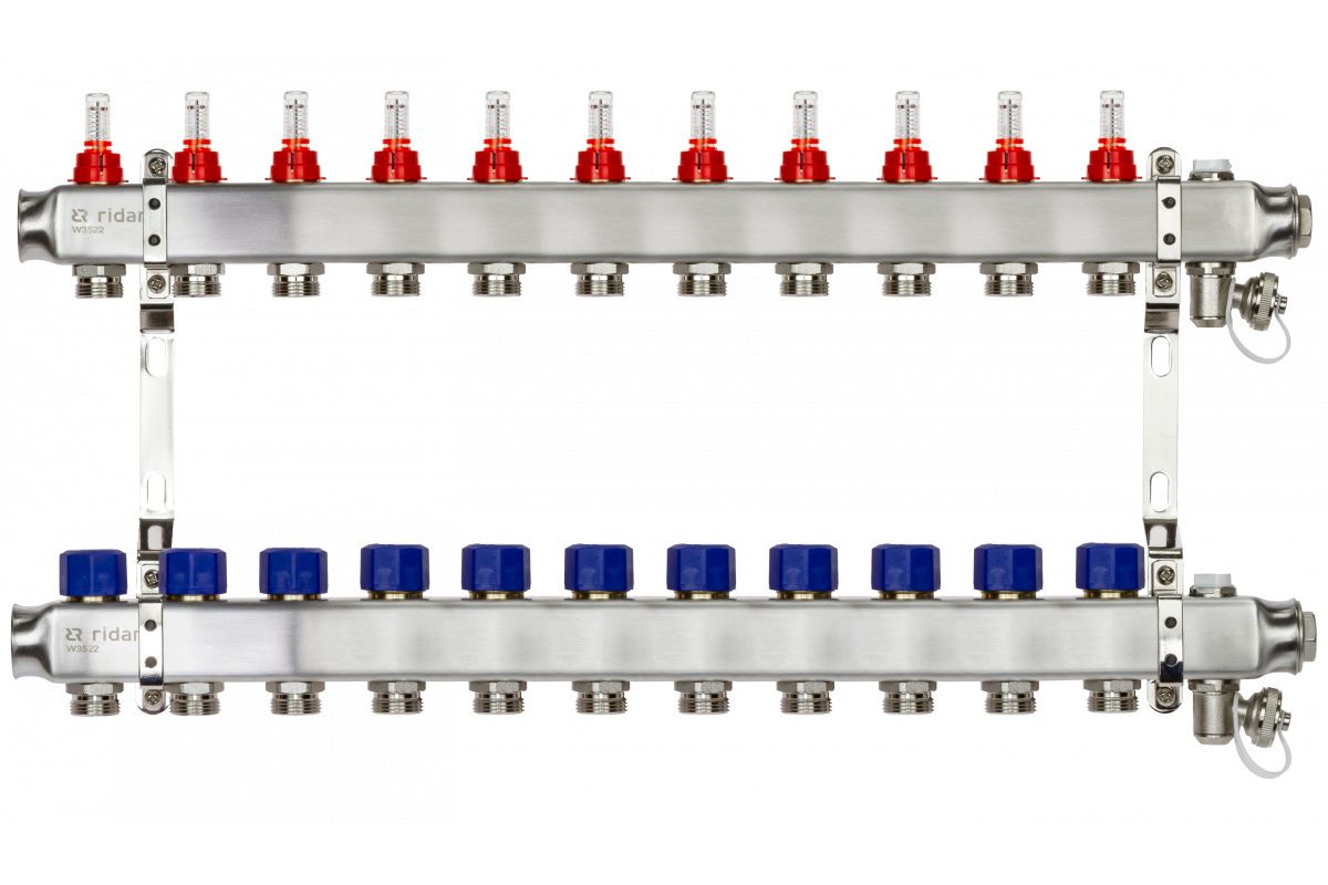 Ридан 088U0961R — Комплект коллекторов SSM-11RF set с расходомерами, кронштейнами, ручным воздухоотводчиком, сливным краном и торцевой заглушкой, 11 контуров