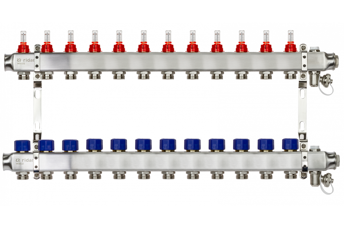 Ридан 088U0962R — Комплект коллекторов SSM-12RF set с расходомерами, кронштейнами, ручным воздухоотводчиком, сливным краном и торцевой заглушкой, 12 контуров