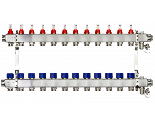Ридан 088U0962R — Комплект коллекторов SSM-12RF set с расходомерами, кронштейнами, ручным воздухоотводчиком, сливным краном и торцевой заглушкой, 12 контуров