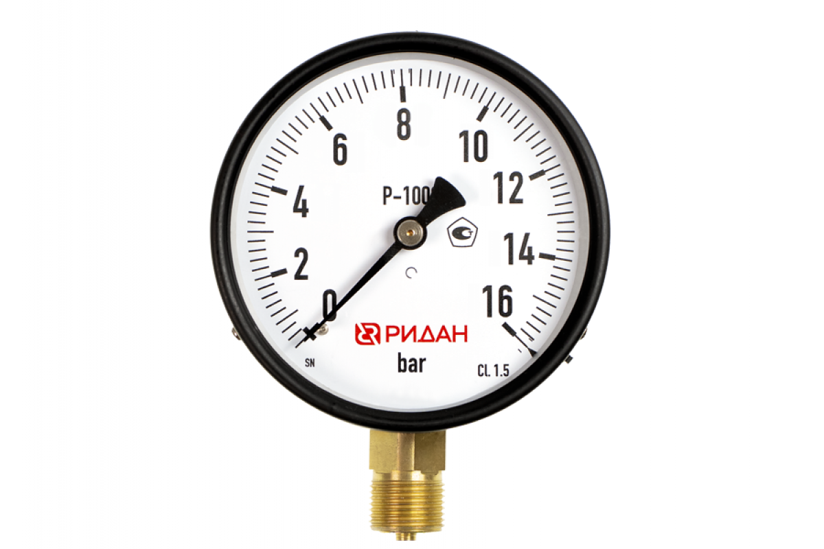 Ридан 800G122515R — Манометр показывающий (общетехнический) P-100G, 0-25 бар, G 1/2, диаметр 100 мм, присоединение радиальное, класс точности 1,5, IP54
